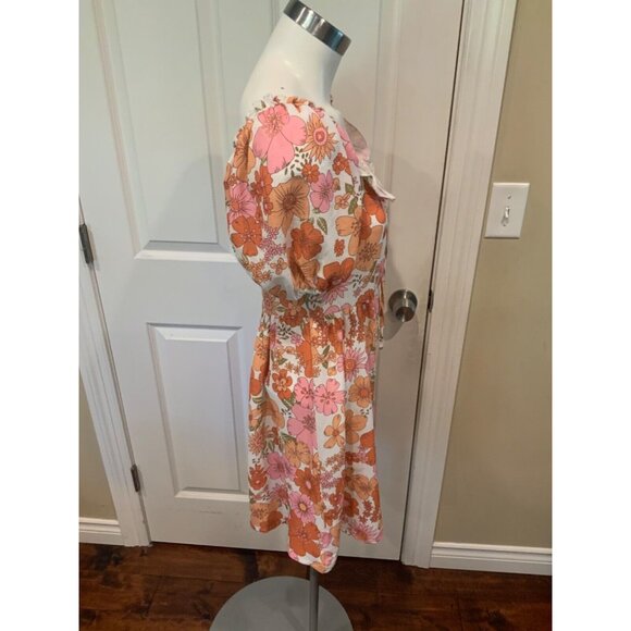 Eilly Bazar White Pink Orange Floral Crepe Puff Sleeve Mini Dress, Size XS, NWT! - Picture 4 of 7